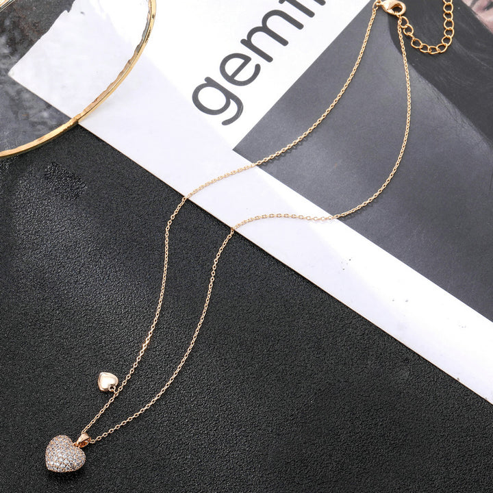 New Fashion Heart Shape Full Diamond Clavicle Three-dimensional Double Heart Copper Zirconium Necklace Cross-border Copper Zirconia Necklace Wholesale
