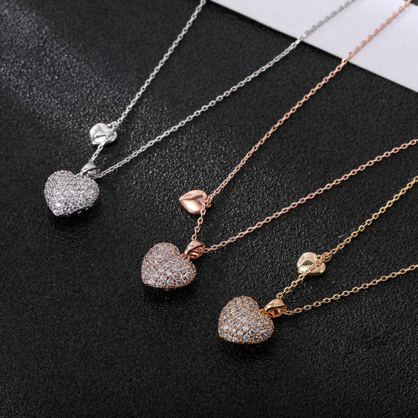 New Fashion Heart Shape Full Diamond Clavicle Three-dimensional Double Heart Copper Zirconium Necklace Cross-border Copper Zirconia Necklace Wholesale