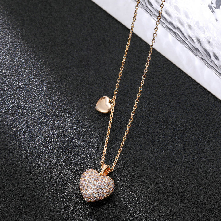 New Fashion Heart Shape Full Diamond Clavicle Three-dimensional Double Heart Copper Zirconium Necklace Cross-border Copper Zirconia Necklace Wholesale