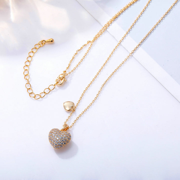 New Fashion Heart Shape Full Diamond Clavicle Three-dimensional Double Heart Copper Zirconium Necklace Cross-border Copper Zirconia Necklace Wholesale