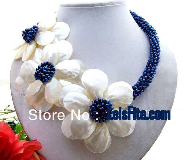 CHPNL White Shell Flower and Blue Faceted Crystal Necklace - High Quality