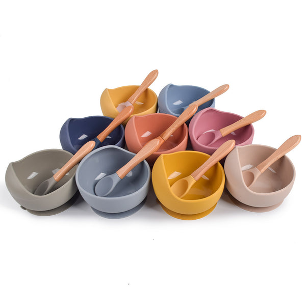 Kid's silicone bowl with wooden handle silicone spoon