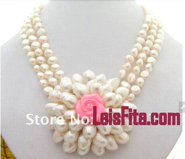 White Pearl Necklace With Flower