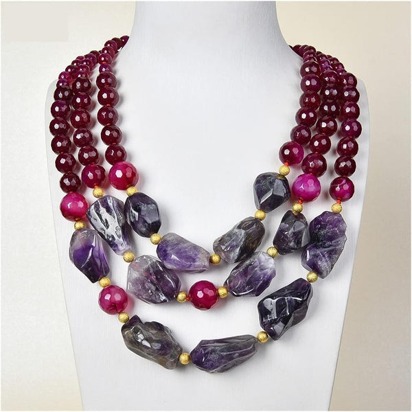 Red Purple Amethyst Agate Crystal Gems Stone Necklace
