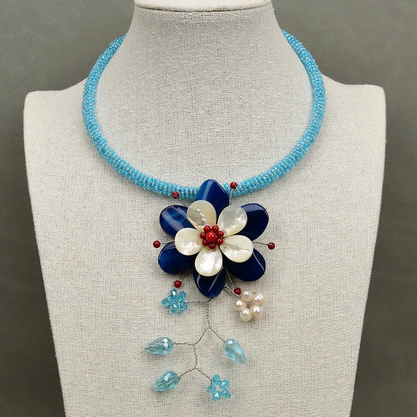 Handmade Blue Agate White Shell Flower Crystal Gems Stone Mix Color Pendant Necklace For Women