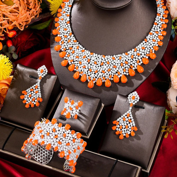 CHCZSET Big Fashion Luxury 4PCS Turquoise Waterdrop Jewelry Sets For Women Wedding Party Zirconia Indian Dubai Bridal Jewelry Set