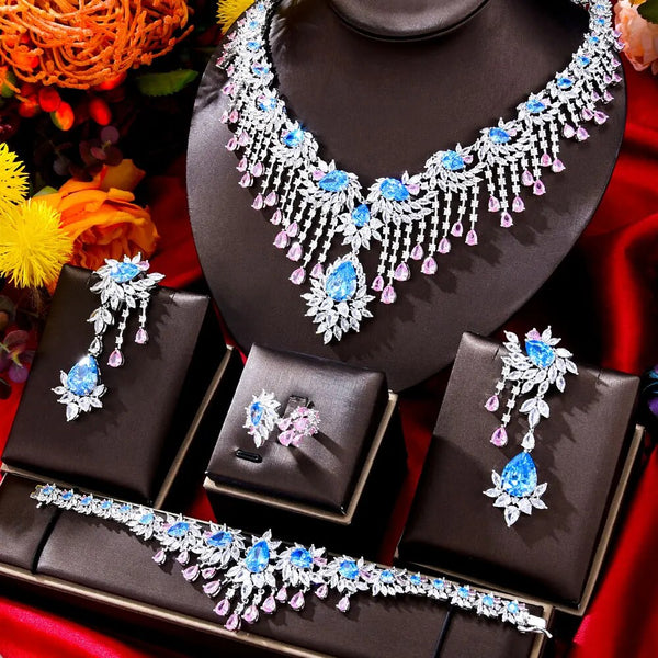 Luxury Dubai Bridal Pink Green purple Zirconia Diamond Necklace Earrrings  Gold plated 4 pcs Jewelry Sets For Women Wedding