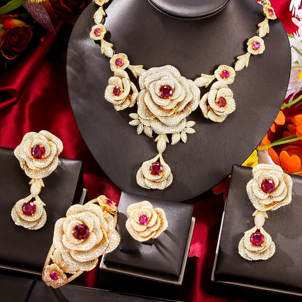 CHCZSET Trendy 4PCS Luxury Ruby Flower Statement Jewelry Set For Women Wedding Cubic Zircon Indian African Dubai Bridal Necklace