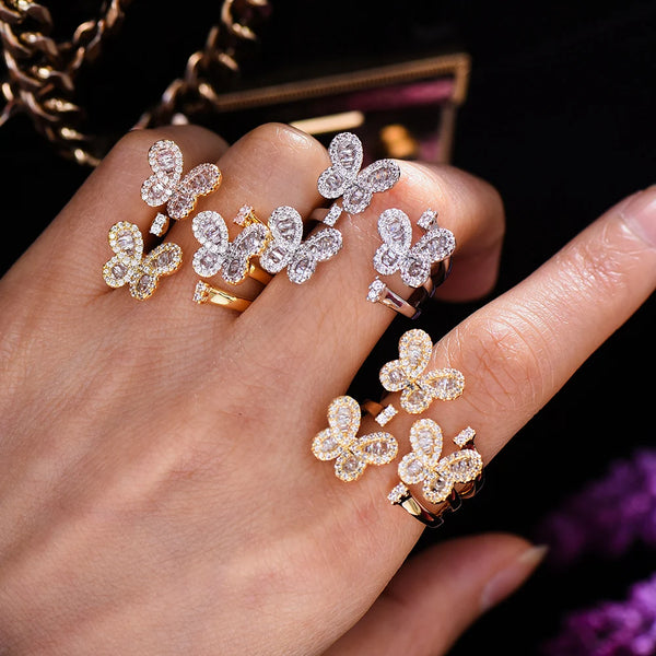 NEW Trendy 3 Butterflies Resizable Rings for Women Cubic Zircon Finger Rings Beads Charm Ring Bohemian Beach Jewelry Gift