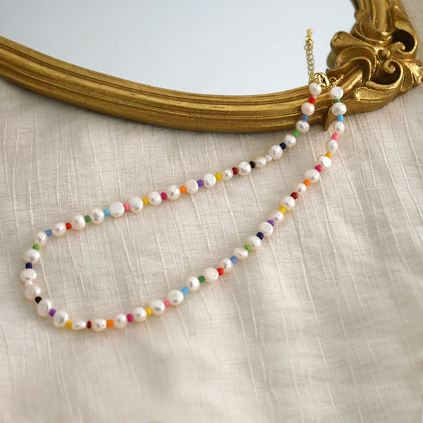 7-8mm Natural Freshwater Baroque Pearl Necklace Fashion Colorful Beads Jewelry for Girls Gift