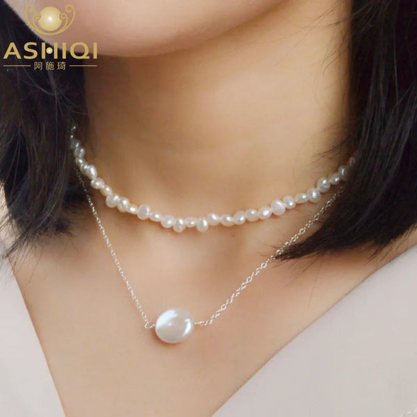 Multi Layer Natural Baroque Pearl Clavicle Chain 925 Sterling Silver choker necklace fashion 2019