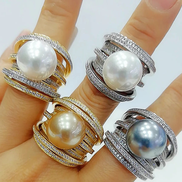 Trendy Twist Pearl Statement Rings for Women Cubic Zircon Finger Rings Beads Charm Ring Bohemian Beach Jewelry 2019