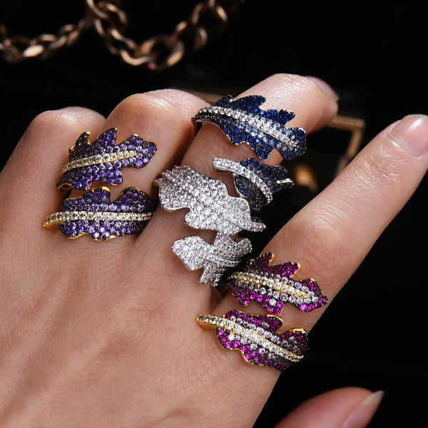 Trendy 4Color Feather LEAF Bold Statement Ring for Women Cubic Zircon Finger Rings Beads Charm Ring Bohemian Beach Jewelry