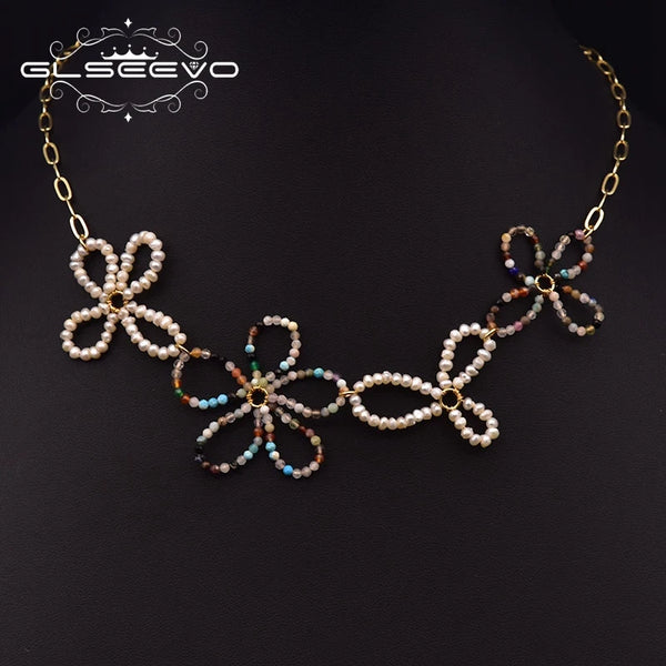 Natural Freshwater Pearl Big Flower Clavicle Chain Colorful Gemstone Necklace Women's Luxury Jewelry Jewelry GN0297