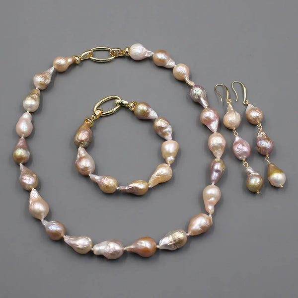 GuaiGuai Jewelry Freshwater Cultured Purple Keshi Pearl Necklace Bracelet Earrings Sets For Lady Fashion