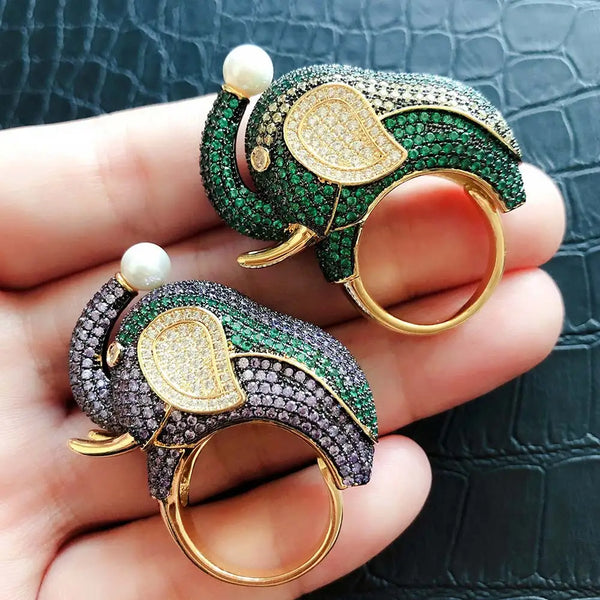 Trendy Big Elephant Charms Cubic Zircon Statement Ring for Women Finger Rings Beads Charm Ring Bohemian Beach Jewelry