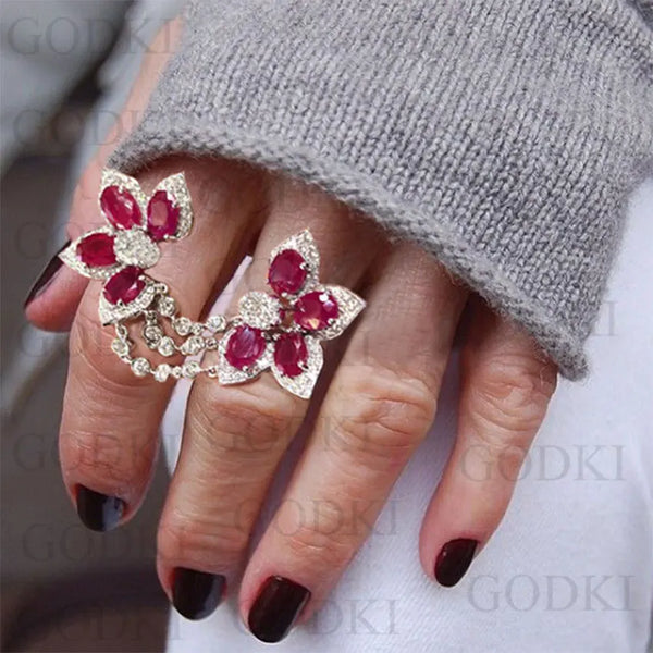 Unique Monaco Designer Luxury Flower Leaf Cubic Zironia Engagement Dubai Naija Bridal Double Finger Ring Jewelry Addiction