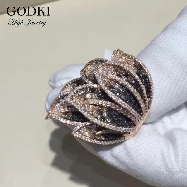 Luxury Feather Leaf Design Bold Statement Rings with Zirconia Stones 2022 Women Engagement Party Jewelry High Quality