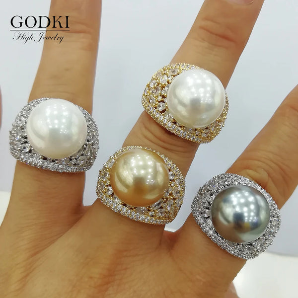 New Trendy Pearl Statement Rings for Women Wedding Cubic Zirconia Cocktail Finger Rings Bohemian Beach Jewelry GIFT