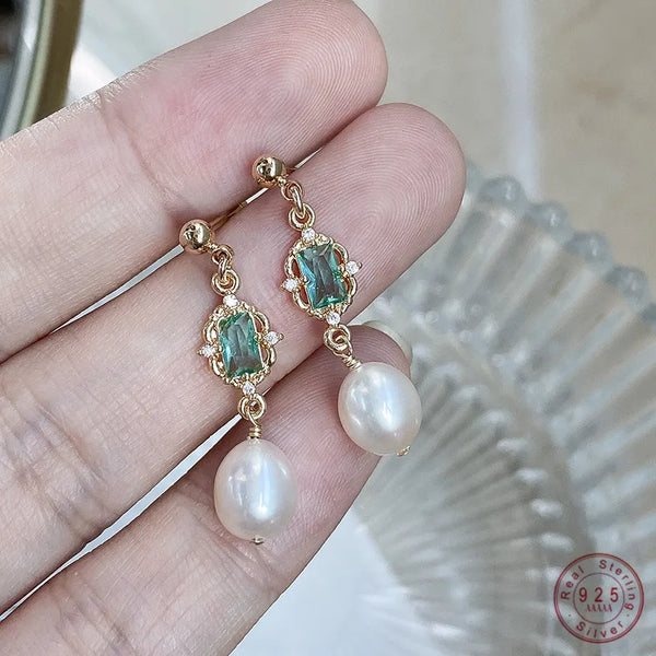 925 Sterling Silver Palace Style Emerald Crystal Earrings Women Simple Pearl Tassel High-end Generous Party Jewelry Gift