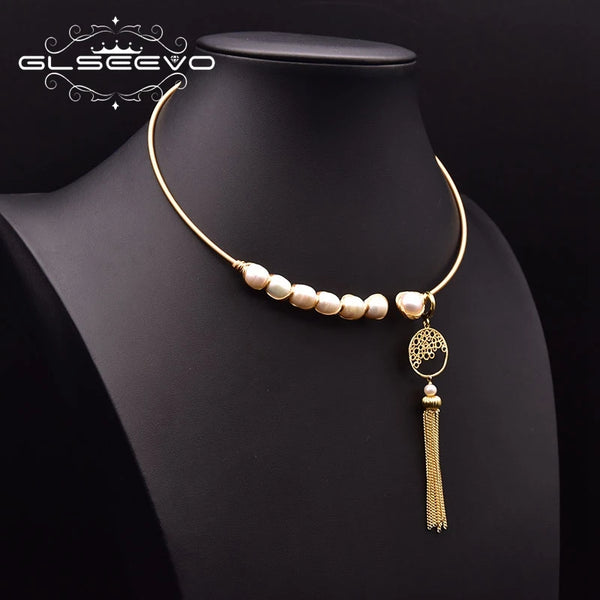 Natural Pale Baroque Pearl Necklace Geometric Tassel Necklace Female Pendant Wedding Luxury Boutique Gift GN0285A