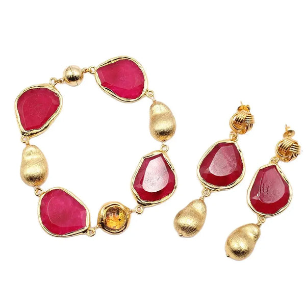 GuaiGuai Jewelry Natural Red Agate Fancy Gold Color Plated Nugget Glass Gourd Beads Bracelet Earrings Sets Handmade For Women