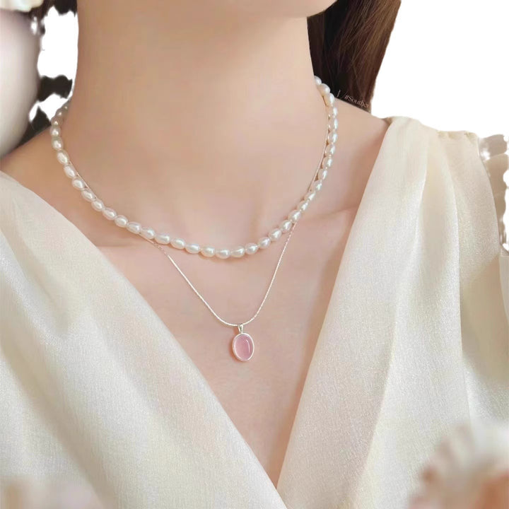 Jewelry, natural powder, crystal, moonstone, necklace, women's high-end ins, niche, versatile, oval pendant, clavicle chain