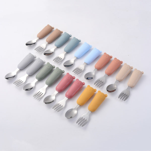 Baby food training anti-fall silicone stainless steel meal spoon fork eating cutlery set in stock