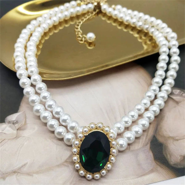 Vintage Double Layer Pearl Necklace Emerald Pearl Earrings C