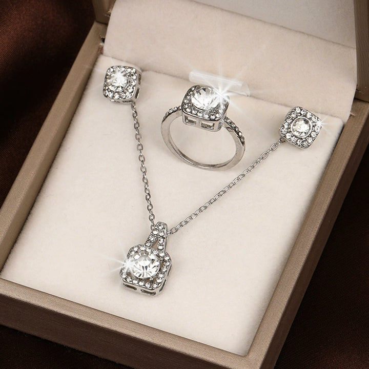Foreign trade hot selling pendant square cut micro inlaid zirconium jewelry set fashion temperament necklace stud ring three-piece set