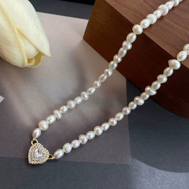French new retro natural freshwater pearl love necklace  nic