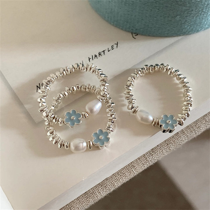 Women's Blue Glazed Pearl Crushed Silver Ring