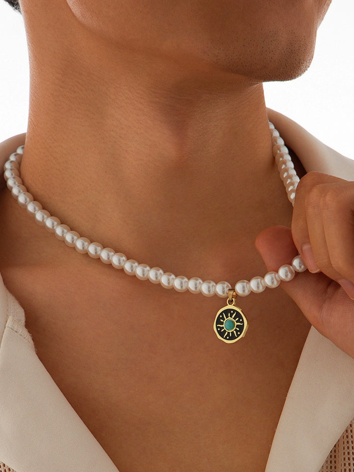 Men's hip-hop jewelry - pearl necklace with sun pendant