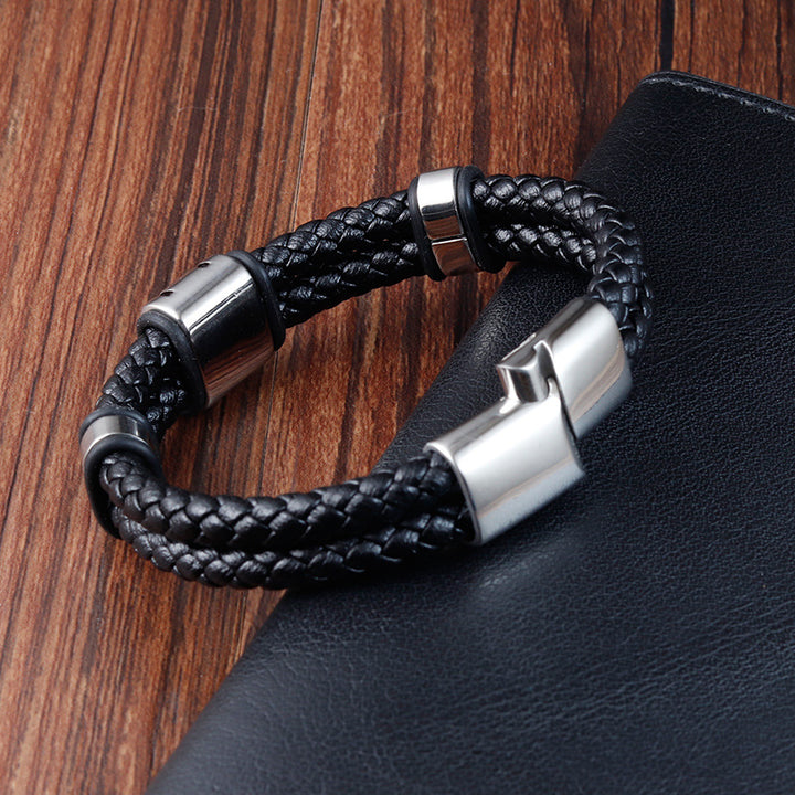 Men's Titanium Steel Leather Woven Bracelet