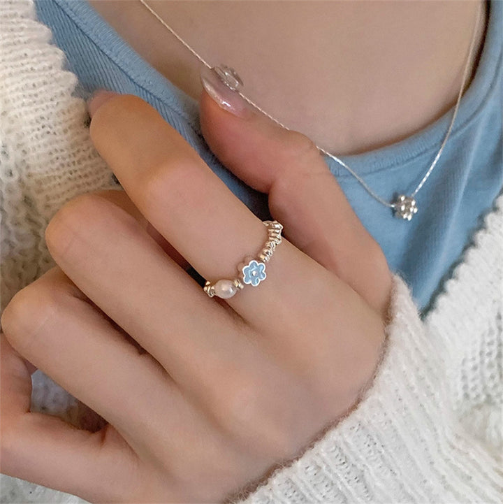Women's Blue Glazed Pearl Crushed Silver Ring