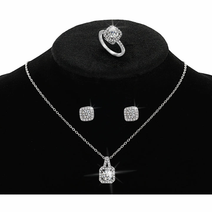 Foreign trade hot selling pendant square cut micro inlaid zirconium jewelry set fashion temperament necklace stud ring three-piece set