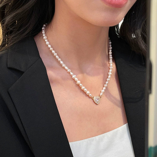 French new retro natural freshwater pearl love necklace  nic