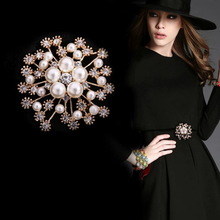 Women's Snowflake Pearl Rhinestone Brooch - Coat Corsage Pin