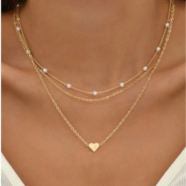 3pcs Women's Pearl Necklace Set 14K Gold Fashion Love Heart