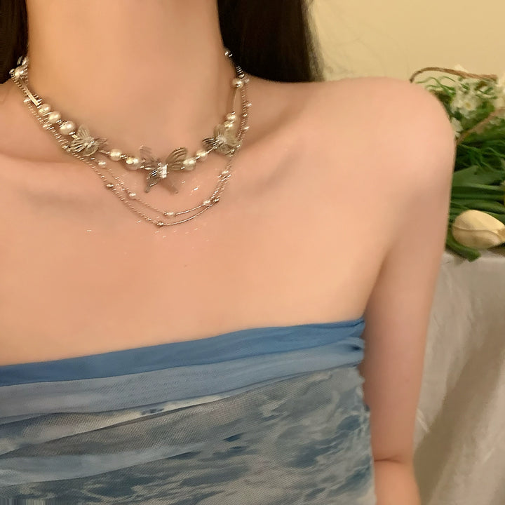 Butterfly Pearl Choker Necklace  High-Quality Multi-Layered Clavicle Chain