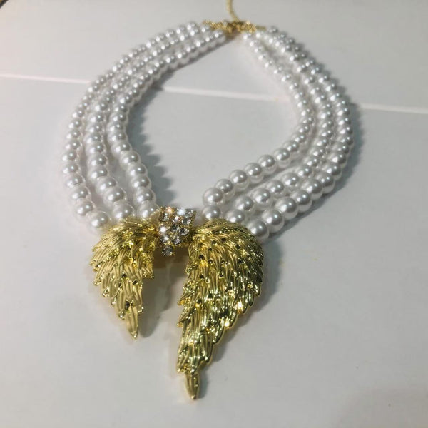 European and American vintage vintage plain gold wings multi-layer pearl necklace, heavy industry, light luxury, high-end clavicle chain