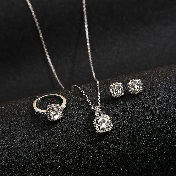 Foreign trade hot selling pendant square cut micro inlaid zirconium jewelry set fashion temperament necklace stud ring three-piece set