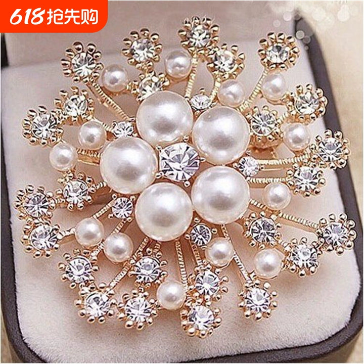 Women's Snowflake Pearl Rhinestone Brooch - Coat Corsage Pin