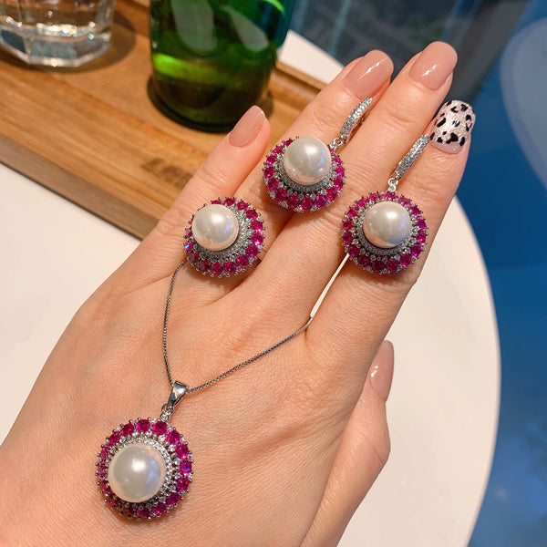 Pearl earrings ring necklace three-piece set