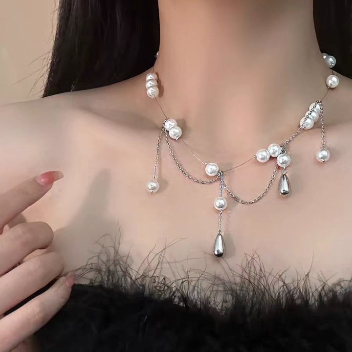 French Style Pearl Water Drop Tassel Necklace