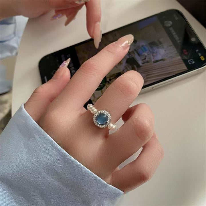 Women's Aquamarine Sea Blue Pearl Ring
