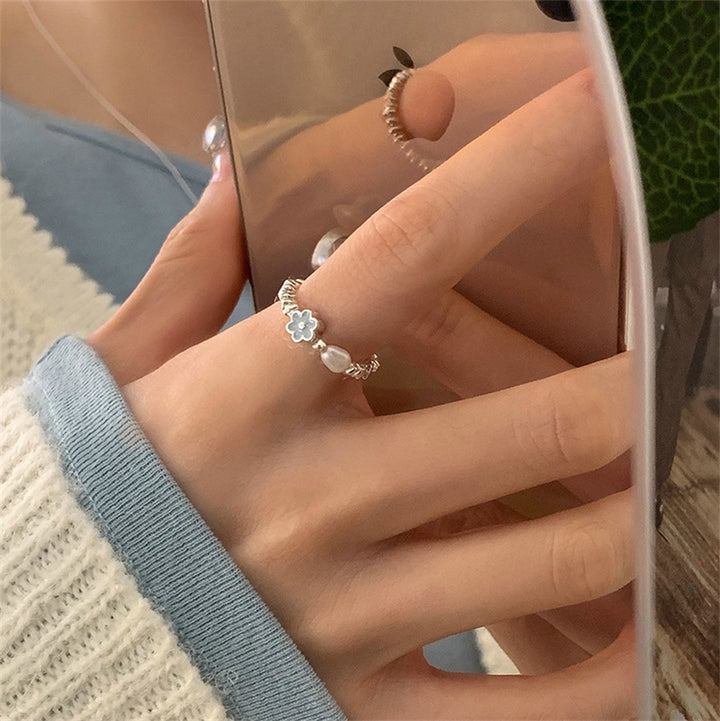 Women's Blue Glazed Pearl Crushed Silver Ring