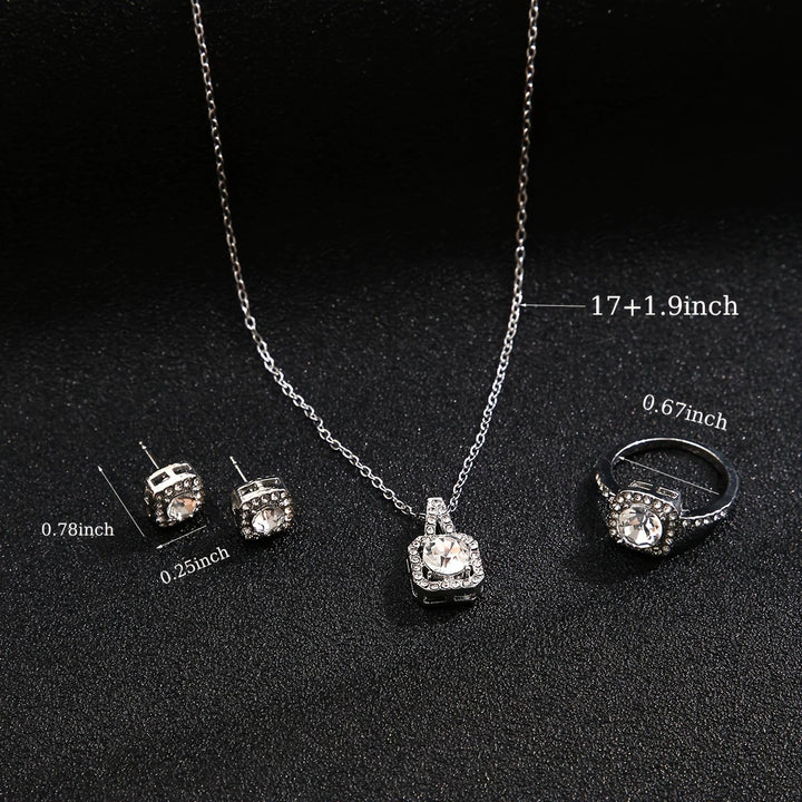 Foreign trade hot selling pendant square cut micro inlaid zirconium jewelry set fashion temperament necklace stud ring three-piece set