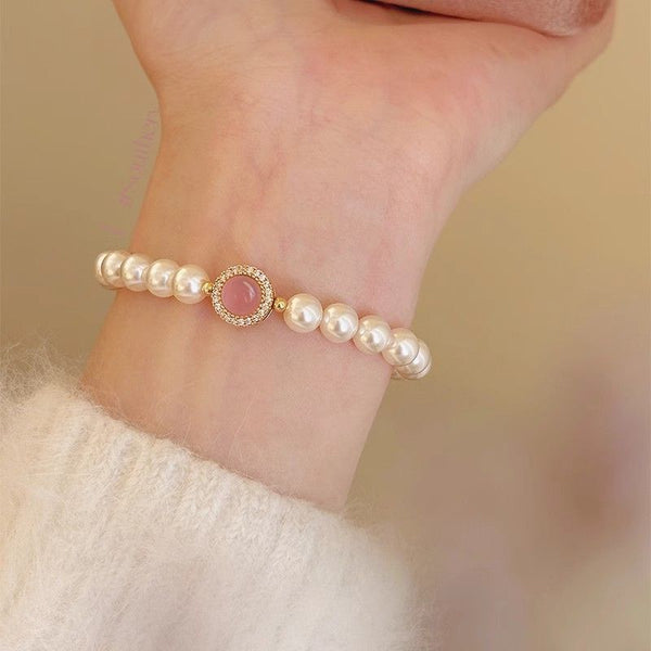 Pink jade pearl bracelet, women's light luxury, niche French luxury, beading, hand-style, light luxury, versatile bracelet bracelet