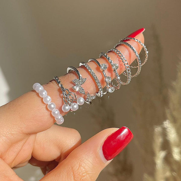 Women's Niche Butterfly Diamond & Pearl Ring Set (9-Pieces)